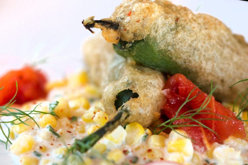 Jalapeño Poppers with fresh jalapeno, lump crab meat, beer batter and cool creamed corn salad a perfect weed appetizer recipe