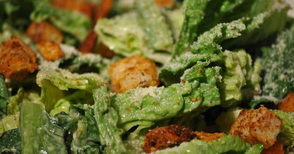 macro of cannabis infused caeser salad. A weed edible dinner recipe.