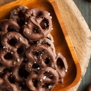 Homemade edible Chocolate Covered Pretzels with Sea Salt