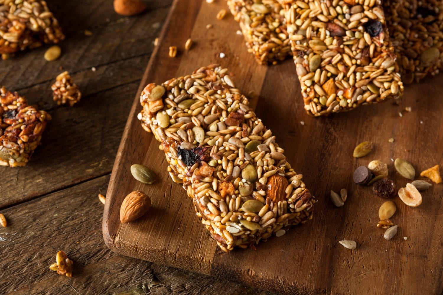 macro shot of Raw Organic weed Granola Bars with Seeds and Nuts