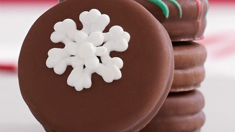 Macro of cannabis infused chocolate coated oreo cookies