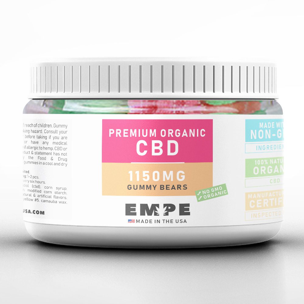 cbd gummy bears from the company EMPE in a plastic bottle.