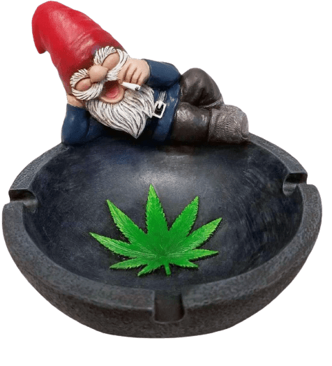 "gnaughty gnome" ashtray with a gnome holding and smoking a joint and pot leaf on the tray. This item makes it on the list of best stoner gifts. 